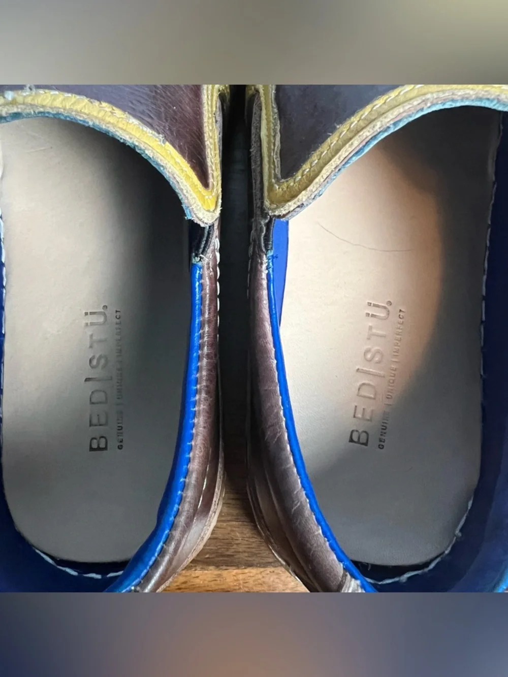Bed Stu Workshop Freestyle Leather Slip-On‎ Loafer Brown Yellow Blue Sz 9